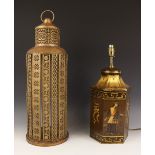 A contemporary toleware style lamp base, the hexagonal form body painted with Chinese symbols and