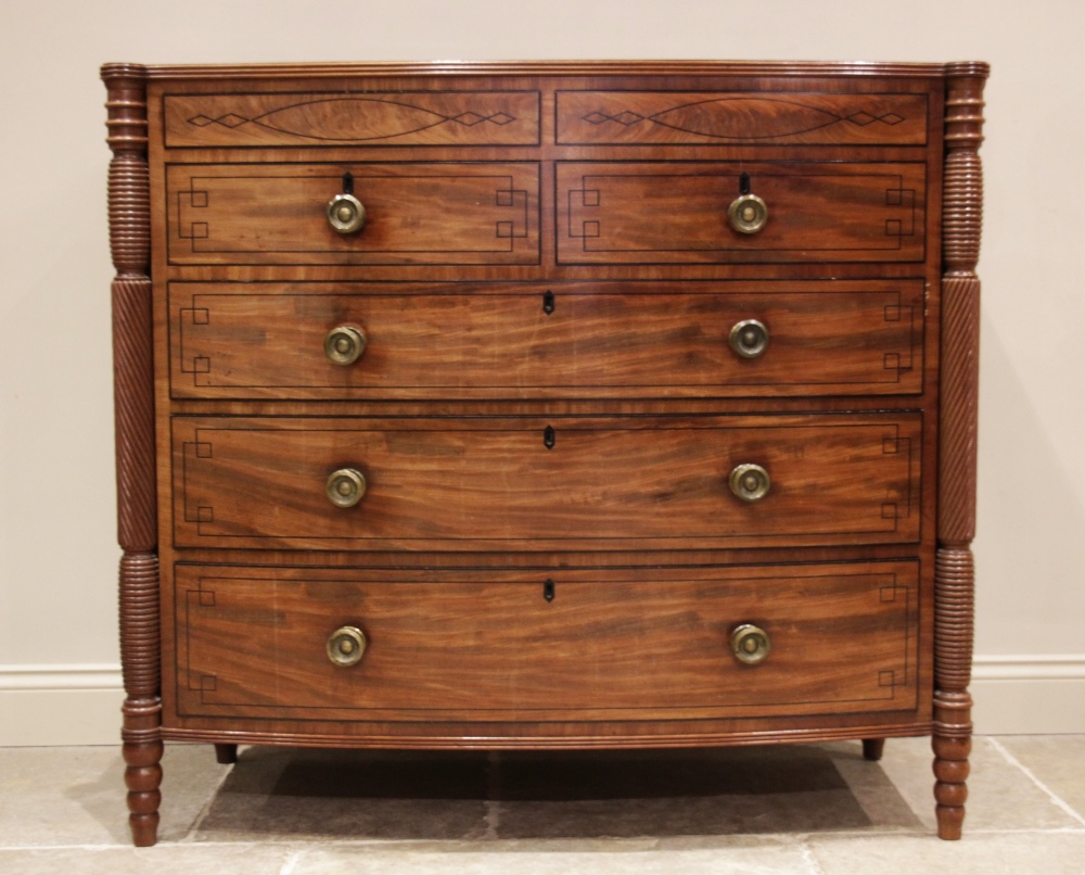 A near pair of late George III mahogany bowfront chests of drawers, circa 1810, each chest with a - Image 2 of 10