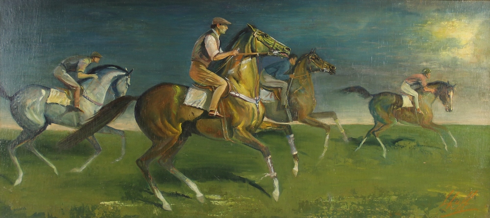 Leslie Simmonds Luff (British, 20th century), "Exercising Horses, Newmarket", Oil on board, Signed - Image 2 of 3