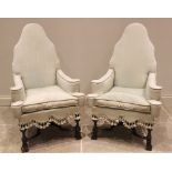 A pair of William and Mary style armchairs, late 19th century, each with an upholstered arched