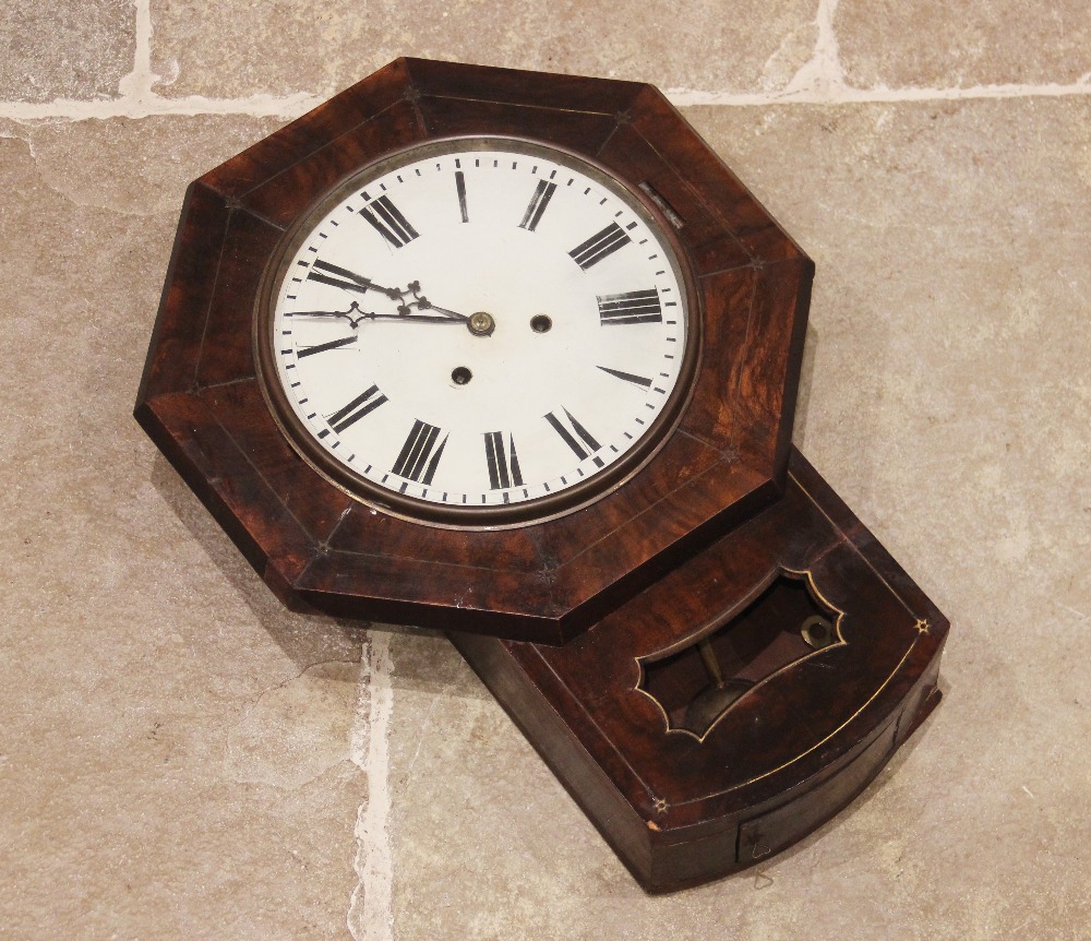 A Victorian figured walnut and brass inlaid drop dial wall clock, the octagonal case enclosing the