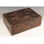 A Chinese stained pine carved box, Canton late 19th century, of rectangular form, carved in relief