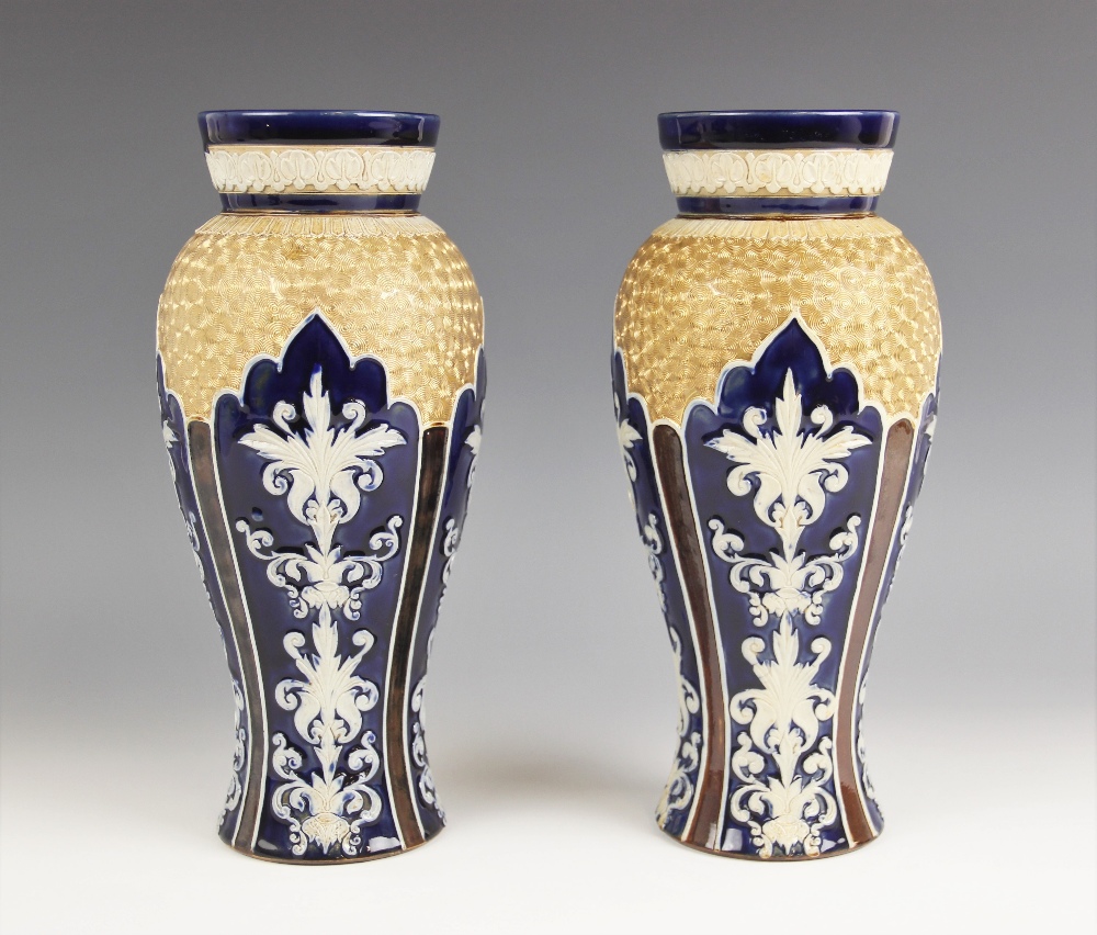 A pair of Royal Doulton vases, early 20th century, of inverted baluster form, the body with relief - Image 2 of 7