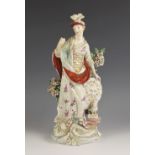 A Derby porcelain figure of Minerva, late 18th century, modelled standing with a shield, books and