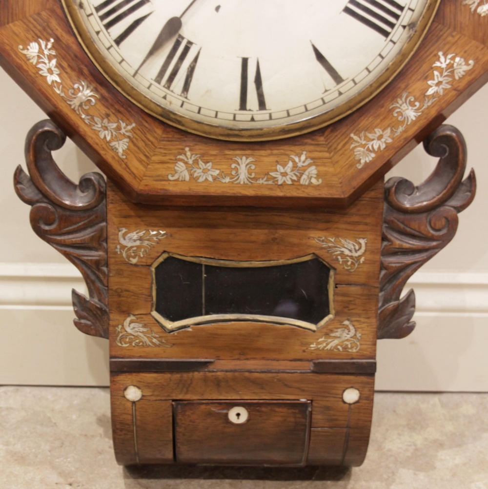 A Victorian rosewood and mother of pearl inlaid drop dial single fusee wall clock, the octagonal - Image 3 of 3