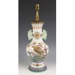 A Japanese Kutani ware lamp base, Meiji Period (1868-1912), the baluster shaped vase with two lugs
