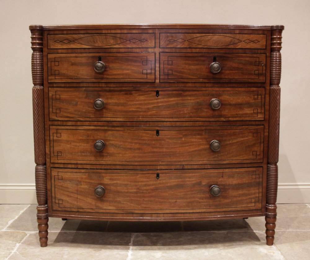 A near pair of late George III mahogany bowfront chests of drawers, circa 1810, each chest with a - Image 5 of 10