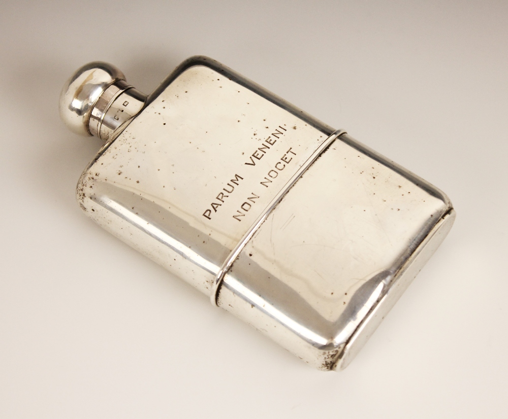 A George V silver hip flask, Mappin & Webb, London 1928, of curved rectangular form, bayonet clasp