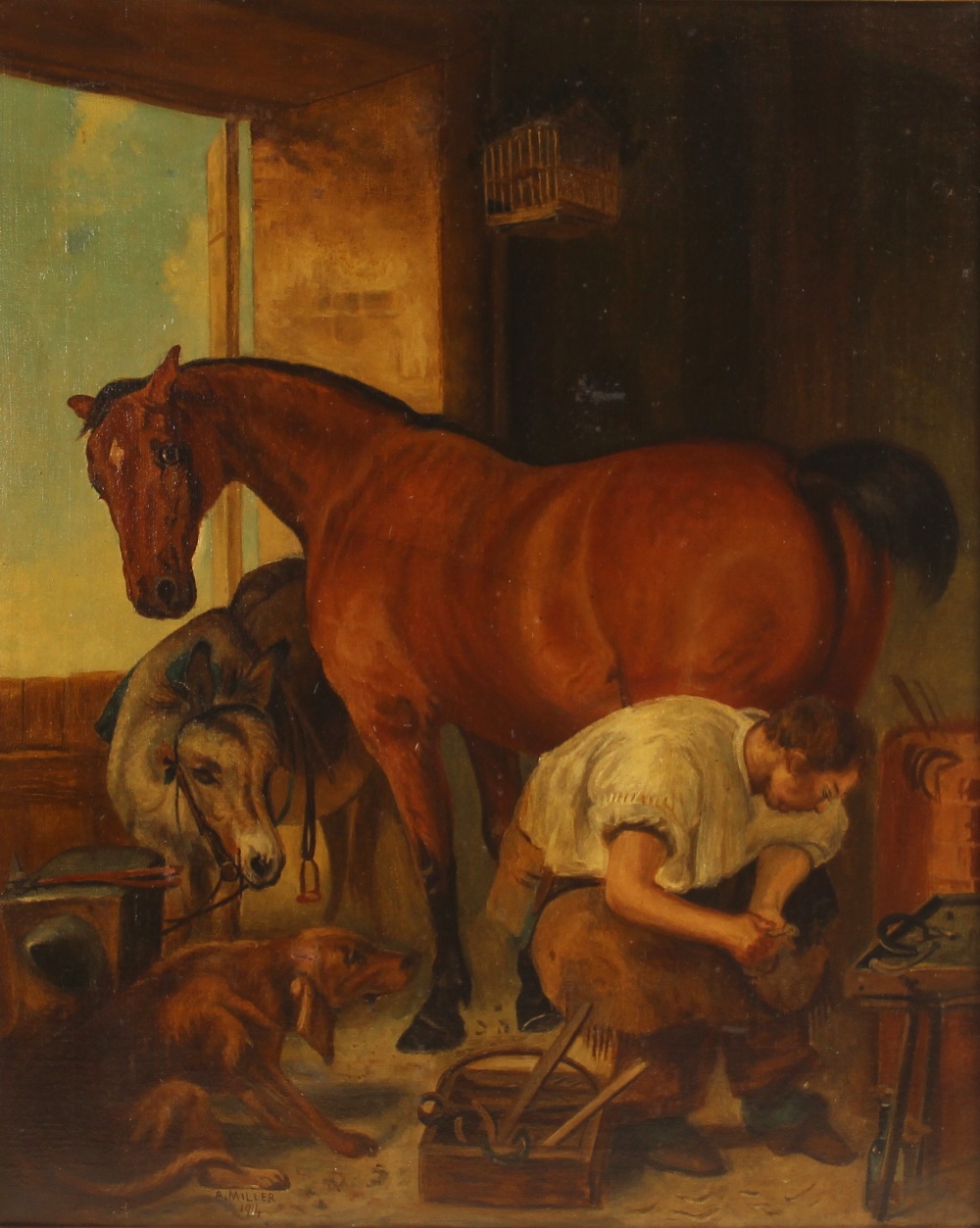 A Miller (English school, 20th century), A farrier at work (after "Shoeing" by Edwin Landseer),