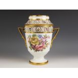 A Paris porcelain ice pail and cover, 19th century, of urn form with geometric strap handles, the