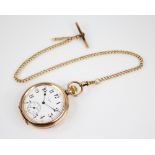 A gold plated Elgin open face pocket watch, the round white dial with Arabic numerals and subsidiary