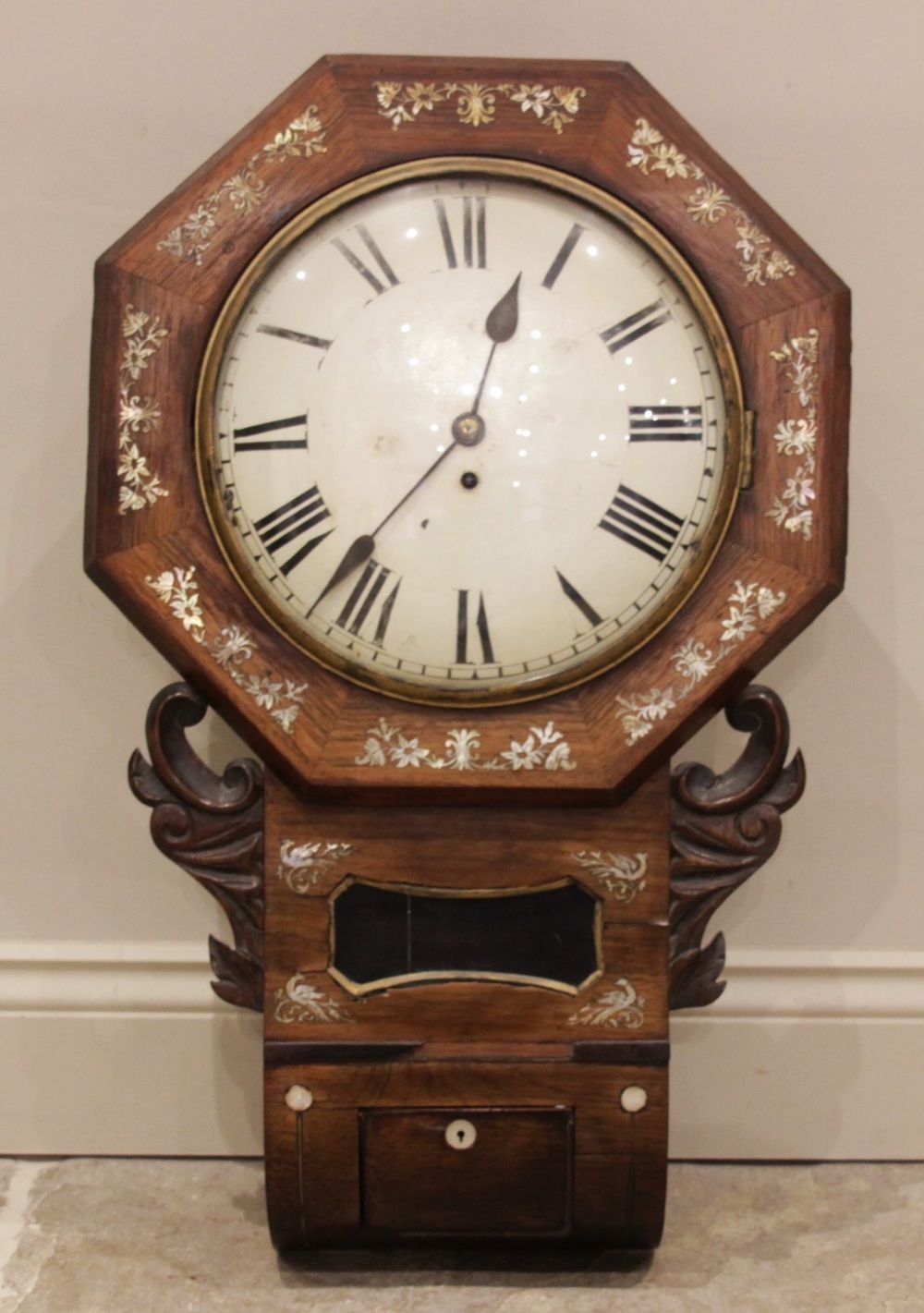 A Victorian rosewood and mother of pearl inlaid drop dial single fusee wall clock, the octagonal