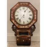 A Victorian rosewood and mother of pearl inlaid drop dial single fusee wall clock, the octagonal