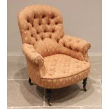 A Victorian tub shaped drawing room chair, in the manner of Holland & Sons, later re-covered in