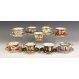 A selection of porcelain teacups and saucers, 19th century, each of faceted London shape with flared