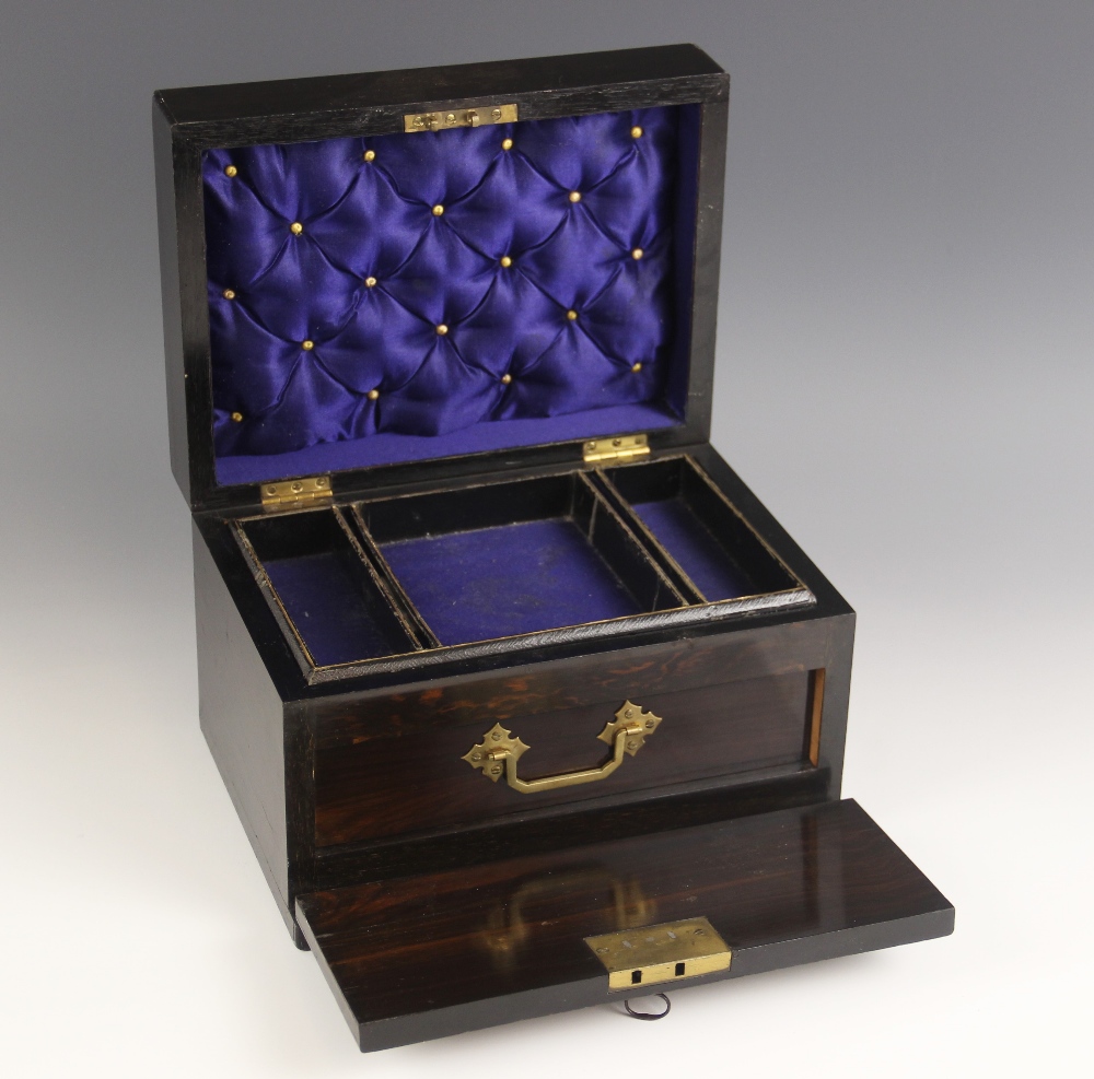 A mid 19th century rosewood jewellery box, the hinged cover inset with a brass swing handle over a - Image 2 of 2