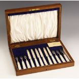 A George V cased set of silver and mother of pearl fruit knives and forks, John Round & Son Ltd,
