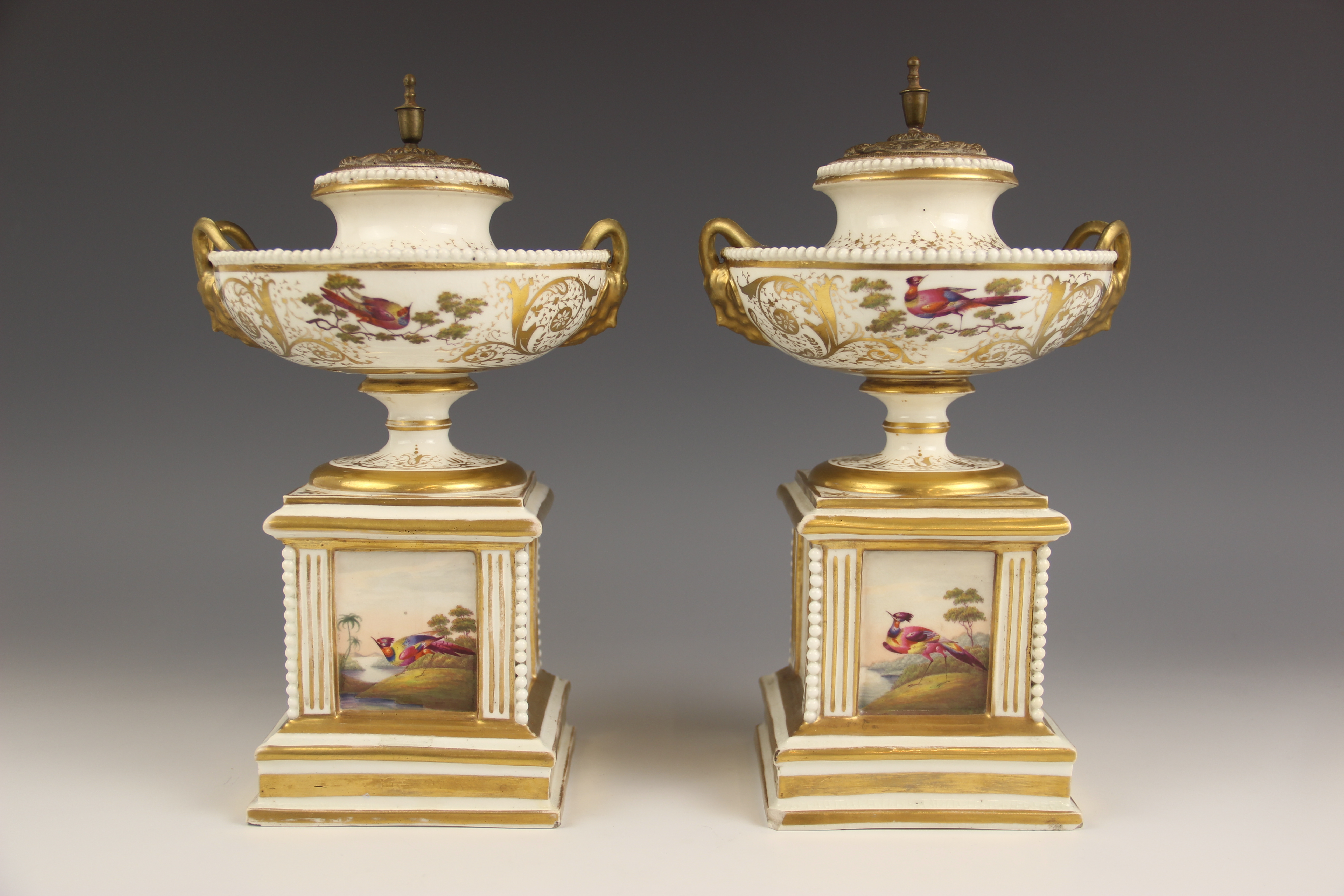 A pair of Paris porcelain pot pouri, 19th century, each modelled as a hemispherical urn on square - Image 10 of 12