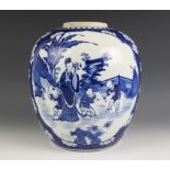 A large Chinese porcelain blue and white ginger jar, 19th century, decorated with two reserves