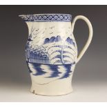 A Leeds pearlware blue and white jug of large proportions, probably late 18th century, hand