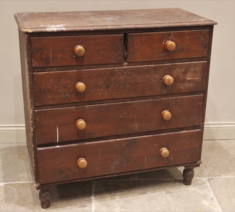 A pair of stained pine chests of drawers, 19th century, each with a rectangular moulded top over two - Image 3 of 3