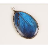 A silver butterfly wing pendant, the teardrop shaped pendant with central glazed compartment