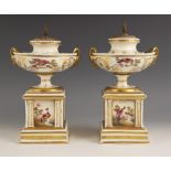 A pair of Paris porcelain pot pouri, 19th century, each modelled as a hemispherical urn on square