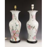 A pair of Chinese famille rose baluster lamp bases of large proportions, 20th century, each