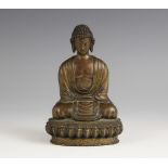 A bronze model of Buddha, possibly Sino-Tibetan, 18th/19th century, modelled seated in dhyanasana on