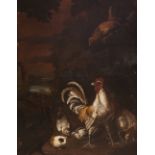 Manner of Melchior de Hondecoeter (Dutch, 1636-1695), A cockerel with chickens, doves, a guinea