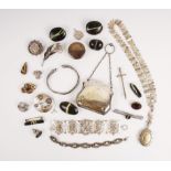 A selection of silver, white metal and base metal jewellery and accessories, to include an Edwardian