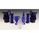 A collection of Bristol blue glass wares to to include a pair of water jugs 21.5cm high (at