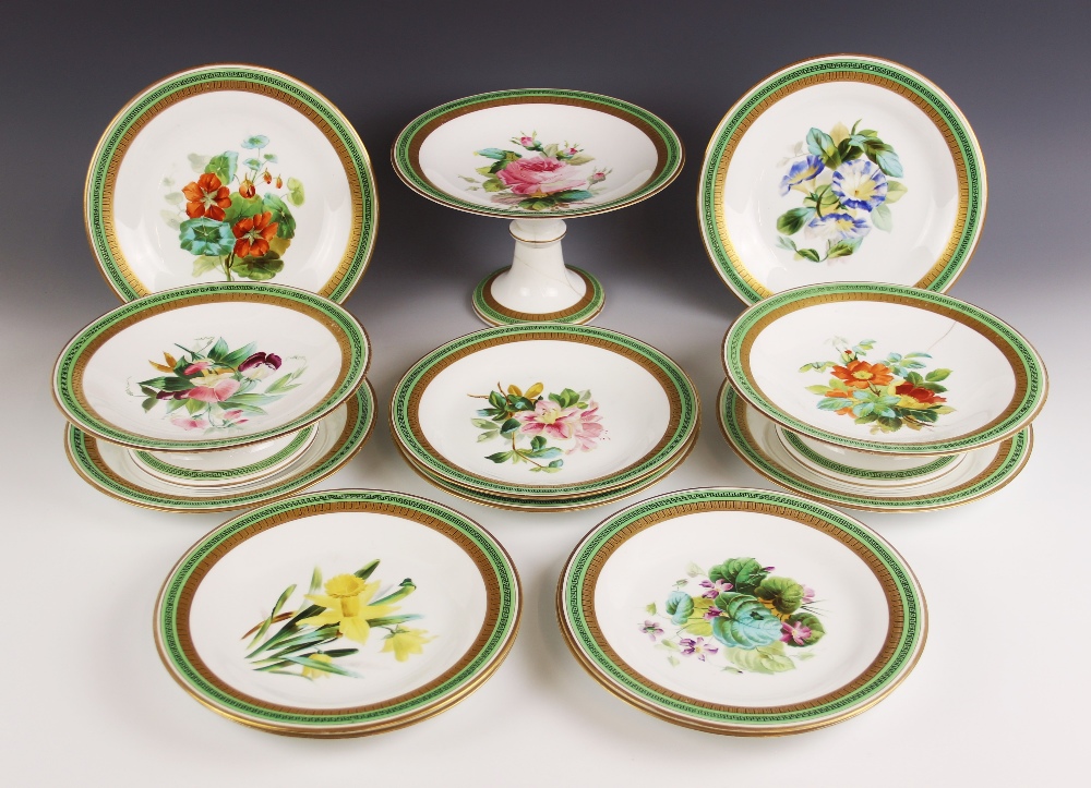 A continental porcelain botanical part service, early 20th century, comprising ten plates, 23cm