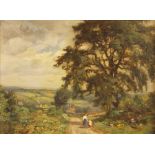 William Greaves (British, 1852-1938), Figures on a country path by a broad leaf tree, Oil on