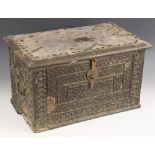 A rosewood and studded Zanzibar chest, 18th century, applied with lattice metal work to the top