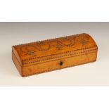 A Victorian satin birch glove box, the rectangular box with hinged and domed cover, studded scroll