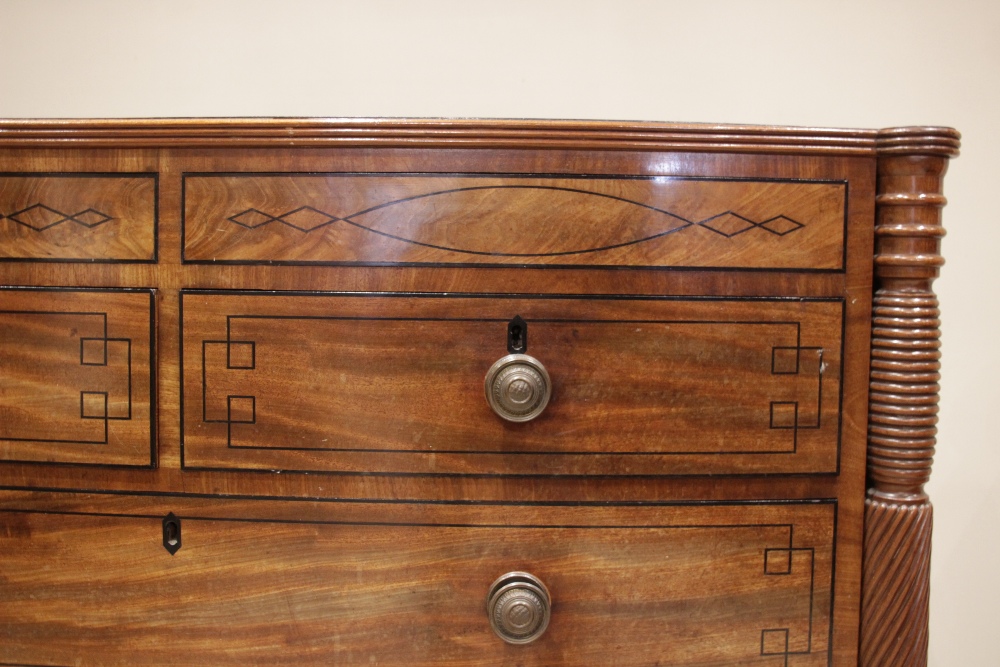 A near pair of late George III mahogany bowfront chests of drawers, circa 1810, each chest with a - Image 6 of 10