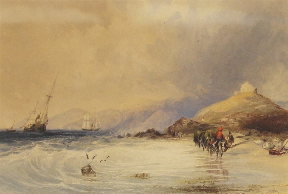 After Charles Bentley O.W.S. (British, 1806-1854), Horses on a beach with fishing boats beyond, - Image 2 of 4