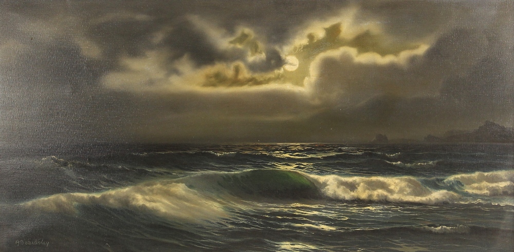 Arnold Beardsley (Britsh, 20th century), Moonlit waves, Oil on canvas, Signed lower left, 39cm x