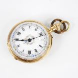 A 19th century continental 14ct gold ladies fob watch, the circular white enamel dial decorated with