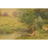 Thomas Mackay (British 1851-1920), A couple fishing at a country stream, Watercolour on paper,