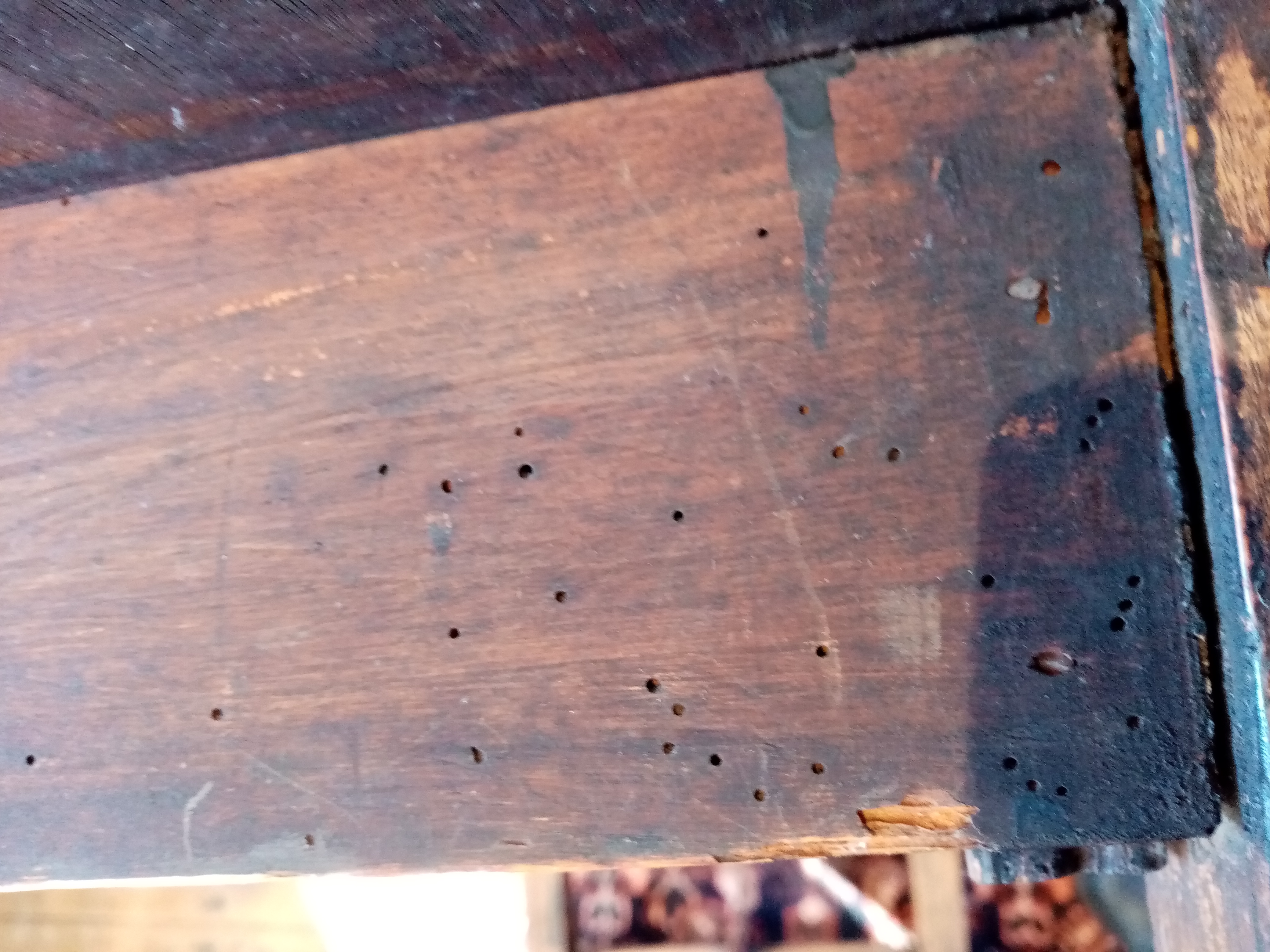 An elm plank top side table, probably French, early 19th century, the cleated top raised upon legs - Image 6 of 10