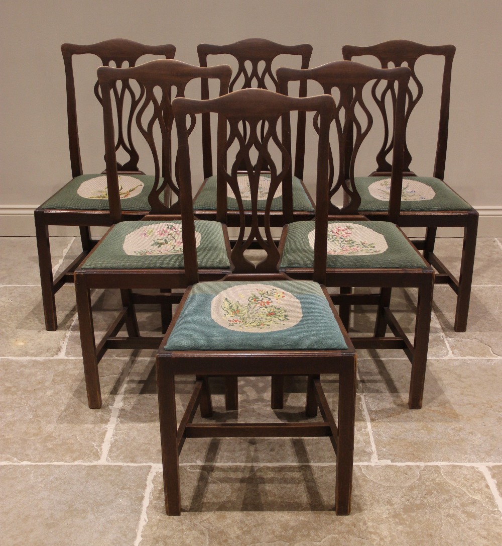 A set of six Hepplewhite style mahogany dining chairs, retailed by J & B Blower, Shrewsbury, early