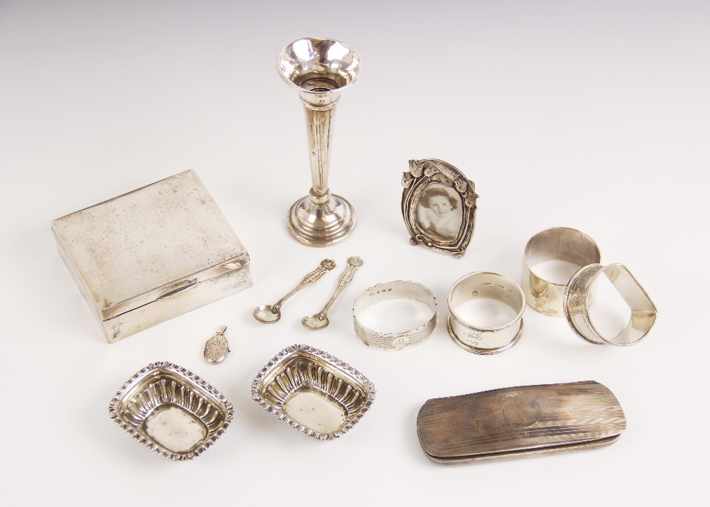 A selection of silver tableware and accessories, to include a silver mounted cigarette box, Henry