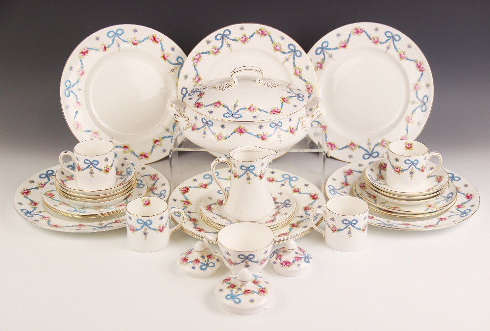 A selection of Crown Staffordshire "Blue Bow" porcelain dinner and tea wares, comprising: a