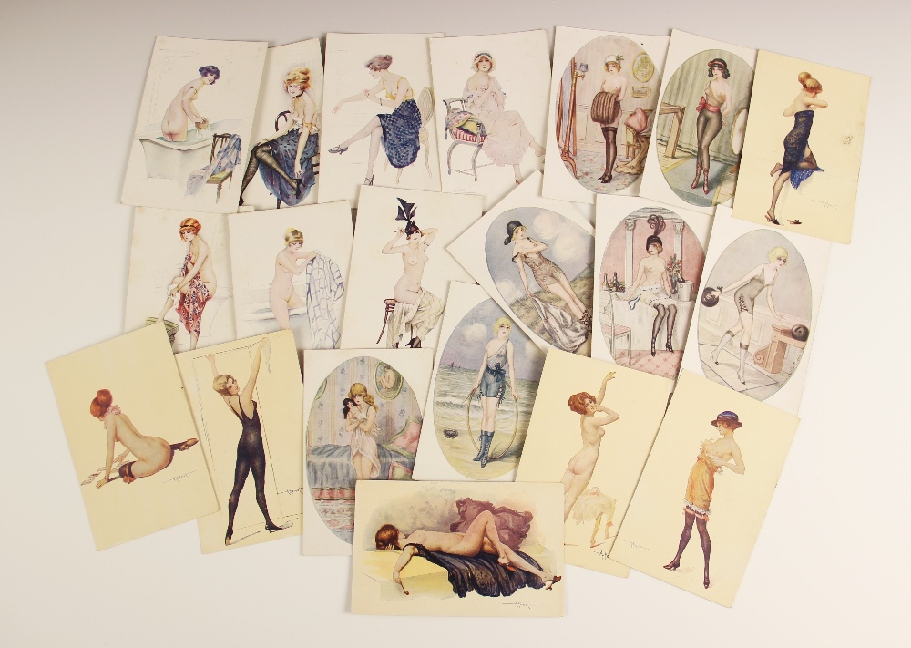 A set of seven French Art Deco Marque L-E postcards by Suzanne Meunier titled "Le Bain De La