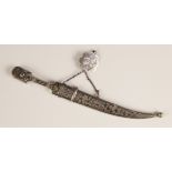 A Russian silver mounted dagger, the handle, sheath and clip with foliate niello decoration, '84'