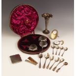 A selection of silver tableware and accessories, to include a Cambodian silver coloured posy vase,
