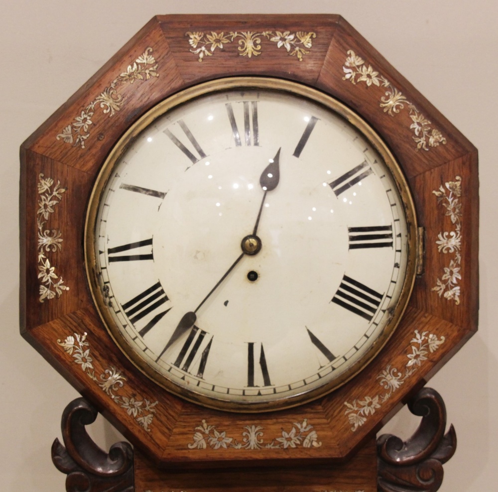 A Victorian rosewood and mother of pearl inlaid drop dial single fusee wall clock, the octagonal - Image 2 of 3