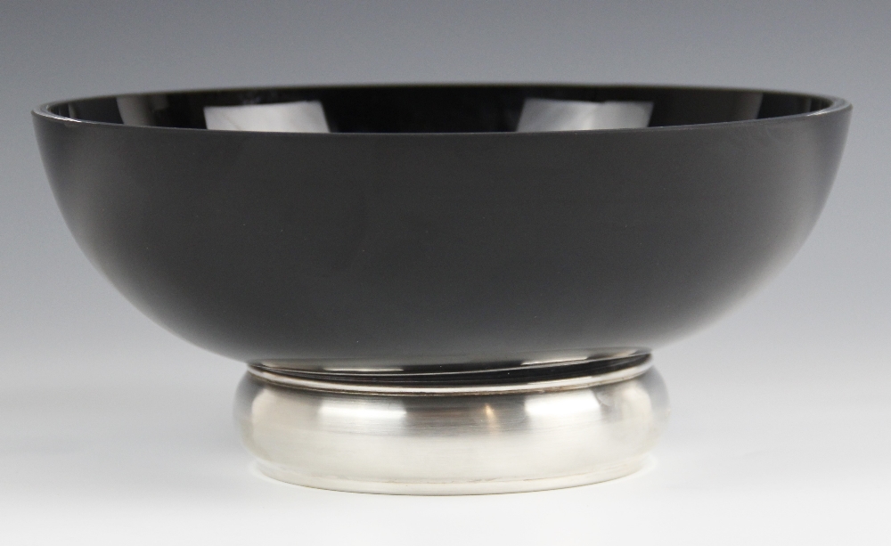 A black glass silver mounted presentation bowl, Broadway & Co, Birmingham 2008, of circular form